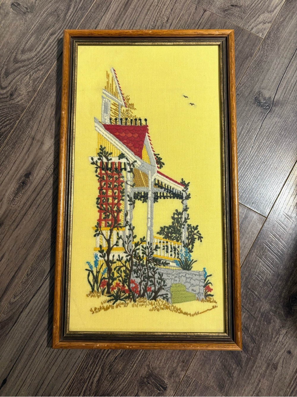 Vintage Crewel Twenty Brook Lane embroidery glass framed wall hanging